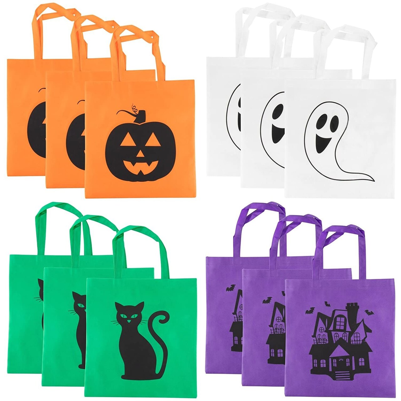 Halloween Tote Bags - 12-Pack Reusable Trick-or-Treat Bags, Party Gift Bags, Candy Goodie Toy Bags for Kids Halloween Party Favors, 3 of Each 4 Designs, 15 x 16 Inches
